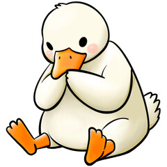 Shy duck sitting – cute animal character on white