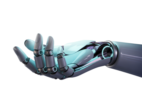 Futuristic Silver Robot Hand with Articulated Joints, Front View, Isolated on Transparent Background
