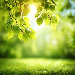 Obraz premium Fresh green leaves hang from tree branches, sunlight shining through, above a lush grassy field with a soft, blurred natural background