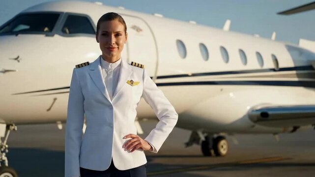 A successful female aviator poses on the runway with her private aircraft. This powerful portrait showcases professionalism, expertise, and women excelling in the field of aviation