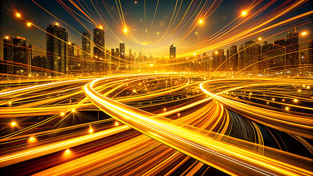 Abstract visualization of a futuristic city at night with vibrant golden light trails from fast moving vehicles on a complex highway system - Powered by Adobe