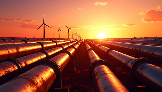Sunrise over pipeline and wind turbines