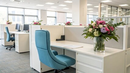 Bright Modern Office Space with Floral Arrangement and Cubicles