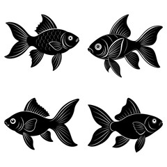 Fototapeta premium Four black and white stylized goldfish swimming in different directions on a white background drawing