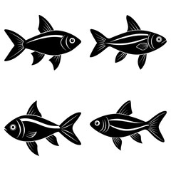 Fototapeta premium Illustration of four black fish with white stripes swimming in different directions on white background