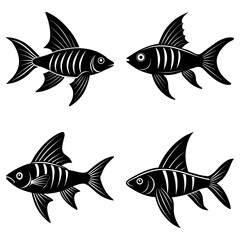 Naklejka premium Illustration of four stylized black fish with prominent fins and skeletal stripe details on a white background
