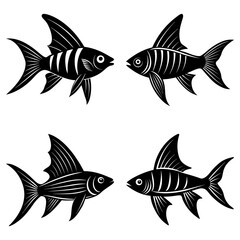Fototapeta premium Four stylized black and white fish with prominent fins arranged in a symmetrical composition facing each other