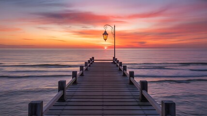 Fototapeta premium Wooden pier with lamp at sunset ocean