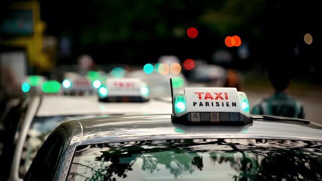 Paris, France. A closeup shot of a taxi cab with its lights on, parked on a city street at night. The taxis roof is white with red and blue lights.