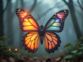 Naklejka premium Warm glowing butterfly hovering over forest floor with soft bokeh