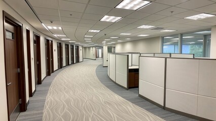 Obraz premium Empty Office Interior with Cubicles and Hallway Ready for Occupancy