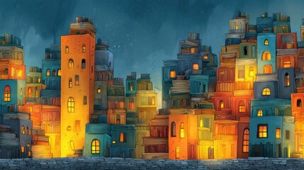 Nighttime fantasy city illustration, glowing buildings, cliffside, storybook background, children's book