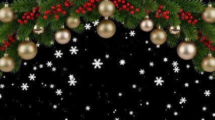 A festive christmas garland adorned with golden ornaments and red berries, sprinkled with delicate snowflakes against a dark background - Powered by Adobe