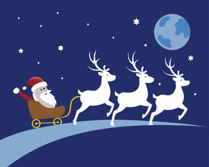 Santa Claus riding sleigh with reindeer in the night sky with moon and stars