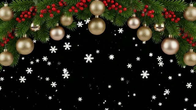A festive christmas garland adorned with golden ornaments and red berries, sprinkled with delicate snowflakes against a dark background