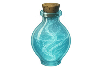 Glass bottle containing swirling blue magic potion, isolated on transparent background, perfect for fantasy and game projects