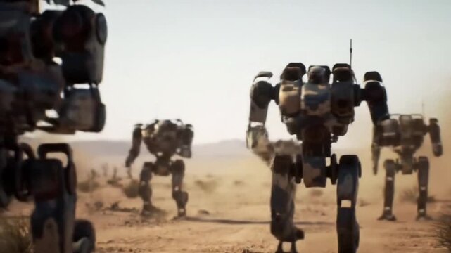 Robots in Desert: A squadron of formidable robots traverses a desolate desert landscape under a blazing sun, embodying the futuristic concept of advanced technology in an arid environment.
