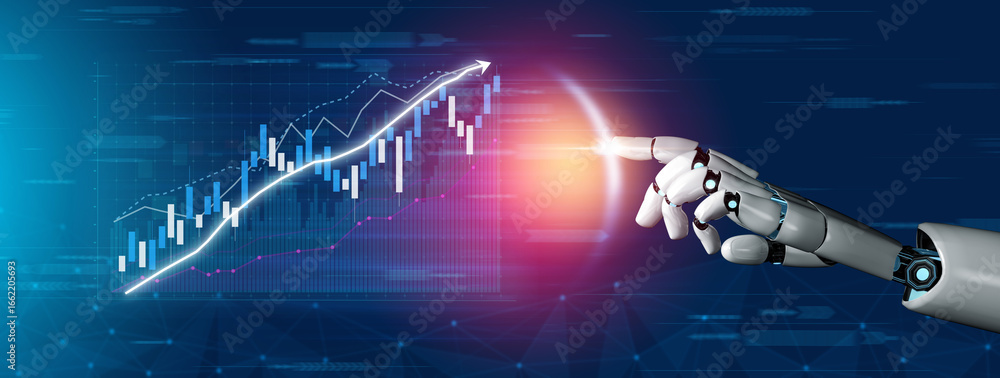 Poster this image showcases a robotic hand engaging with dynamic stock market data and graphs in a digital 