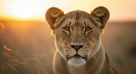 Fototapeta premium Majestic Lioness in Golden Hour Sunlight Safari Adventure