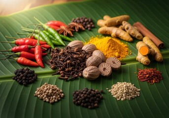 Fototapeta premium A vibrant assortment of exotic spices and herbs, including chili, turmeric, cloves, and nutmeg, artfully arranged on a banana leaf