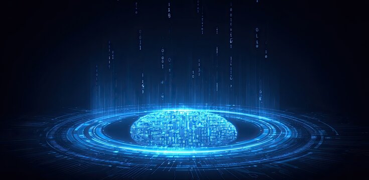 Abstract digital sphere with glowing circuitry and falling binary code