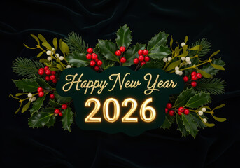 Holly and mistletoe wreath framing a 2026 wish, celebrating a happy new year