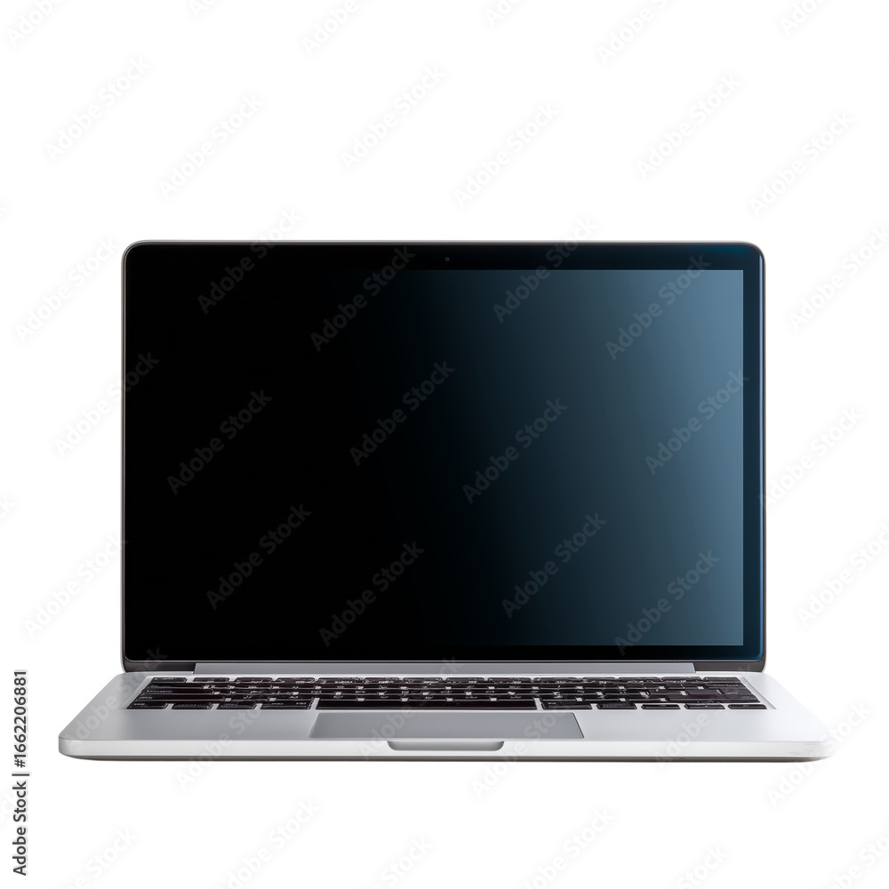 Poster modern silver laptop computer open with dark screen isolated on transparent background
