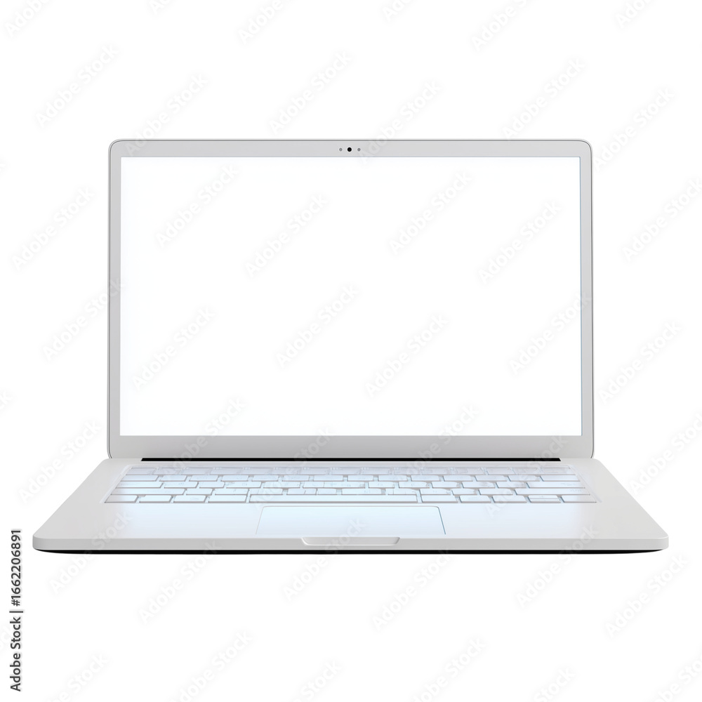 Poster modern white laptop computer with blank screen open and ready for use isolated on transparent backgr