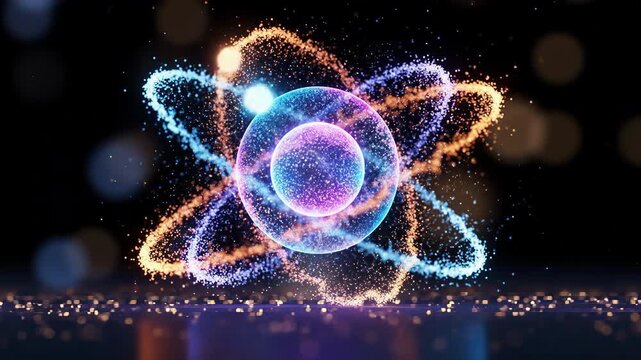 Glowing atom model displays orbits of electrons a fusion of science art and technology in a vibrant display of atomic structure and energy