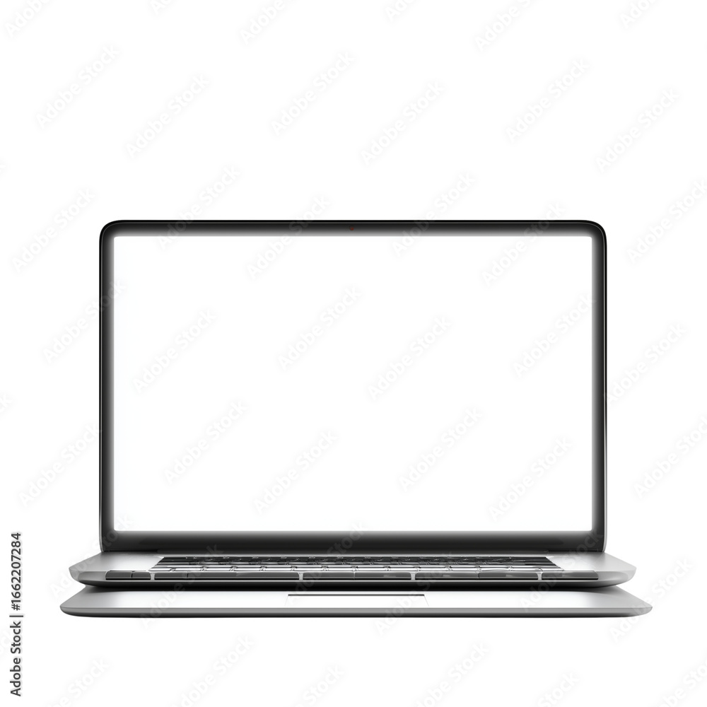 Poster modern silver laptop with blank white screen displayed open on a transparent background isolated on 