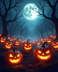 Jack-o'-lanterns illuminate a spooky forest path under a full moon on Halloween night.