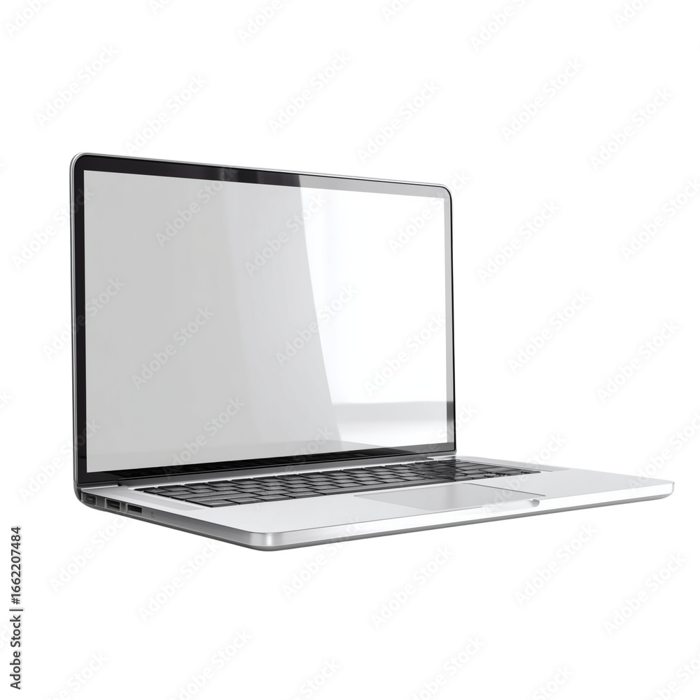 Poster modern silver laptop computer open with blank screen and keyboard isolated on transparent background