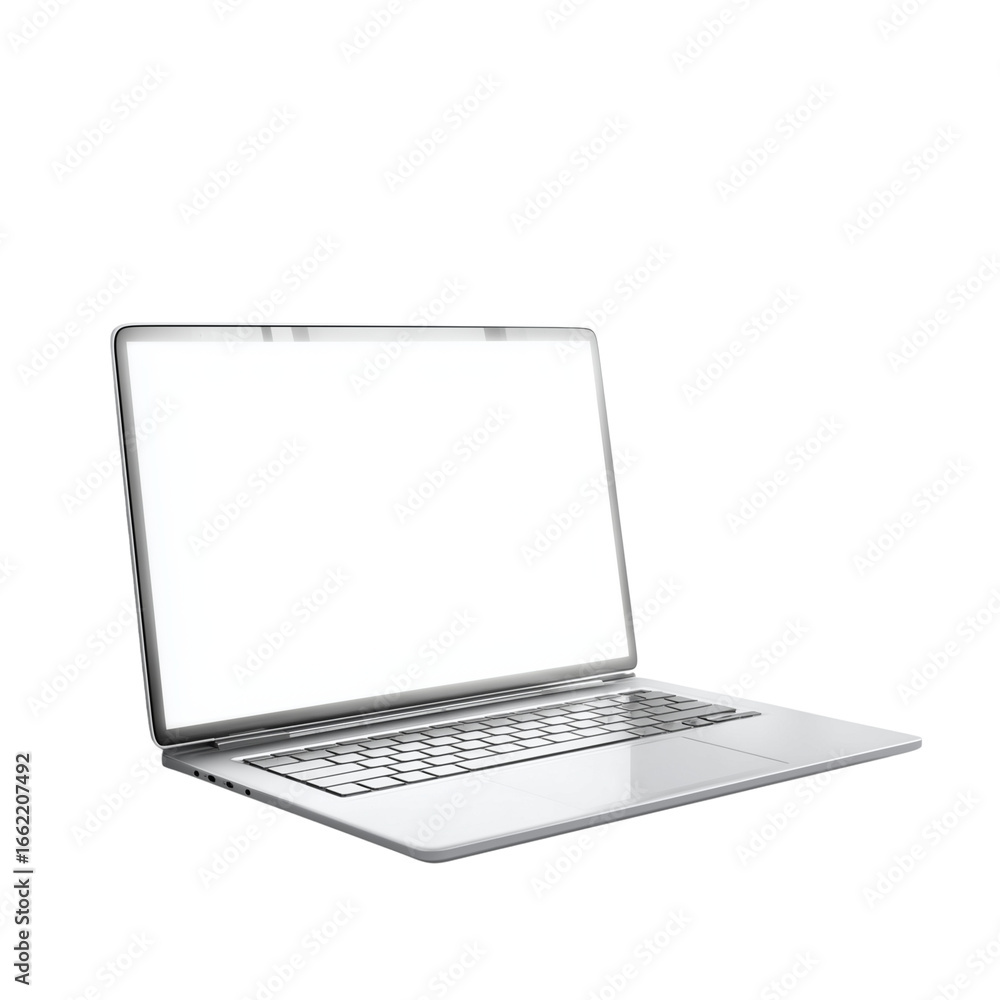 Poster modern silver laptop computer with blank white screen open and ready for use isolated on transparent