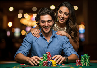 Two people share a moment of happiness and excitement at a poker table, celebrating their luck and having fun together