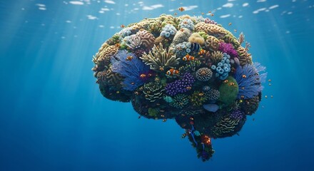 Brain-shaped coral reef underwater evokes conservation, neuroscience and the ocean's mysteries. Ideal for mental health campaigns, marine biology or ecological projects.