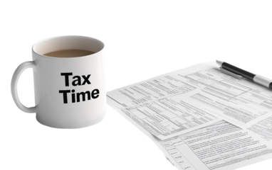 Coffee mug labeled Tax Time next to financial documents symbolizing business stress accounting work and corporate lifestyle isolated on transparent background PNG