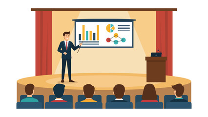 Dynamic business presentation on stage with engaged audience, business conference speaker sharing data insights