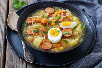 Polish sauerkraut soup with sausage in a bowl