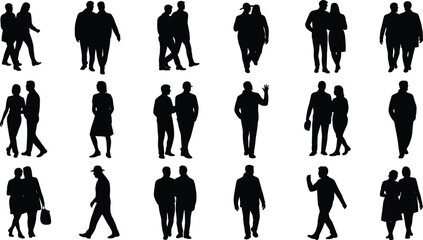 Vector silhouette collection of couples and individuals in various poses, symbolizing relationships, human connection, and diversity on a white background.