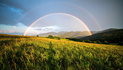 Naklejka premium 草原に架かる鮮やかな虹。レインボー。A vibrant rainbow over the grassland.