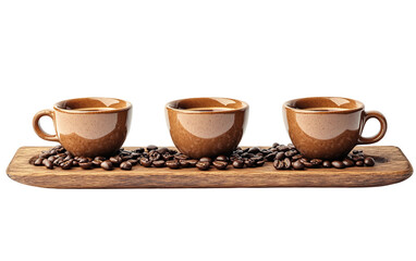 Coffee tasting set with three small cups and beans arranged neatly symbolizing professional cupping ritual and beverage evaluation isolated on transparent background PNG