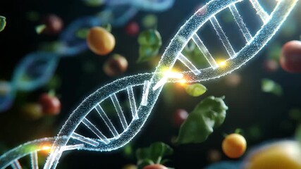A colorful DNA strand is displayed with a variety of fruits and vegetables. Futuristic glowing DNA helix with floating fresh vegetables and fruits around it, personalized nutrition, sci-tech health  - Powered by Adobe
