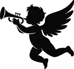 Black vector silhouette of a flying cupid or angel playing a trumpet, symbolizing romance, love, and divine message on a white background.
