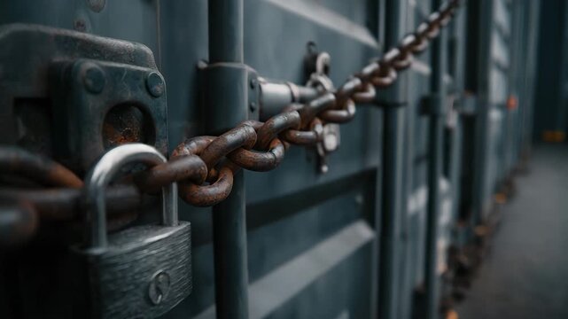 A chain is locked to a metal door. The chain is attached to a padlock. Dramatic closeup of shipping container with large padlock and heavy chain, supply chain disruption, muted dark industrial palette