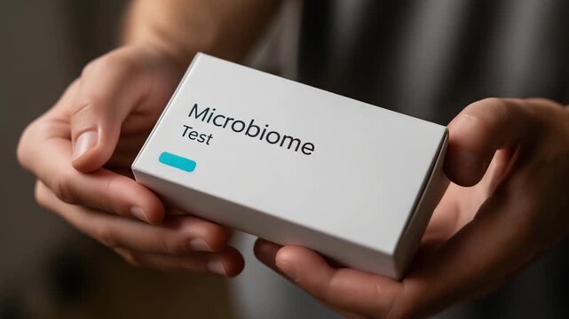 A person is holding a white box. Faceless hand holding clean white gut microbiome test kit box labeled &ldquo;Microbiome Test&rdquo;, clinical minimal background