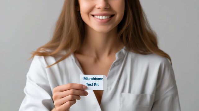A woman holding a card. She is smiling. The card is blue and white. Faceless woman holding gut microbiome test kit box, clean bright white background, minimal clinical wellness