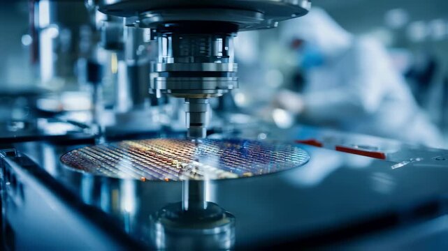 Focused medium shot of a photonicchip lidar wafer mounted on an inspection stage showcasing intricate patterns with the sterile cleanroom setting and operators softly blurred