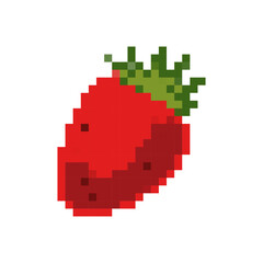 Pixelated strawberry icon with red body and green leaves, capturing a playful, retro game design.