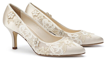Elegant ivory satin wedding shoes with lace and floral details isolated on white background