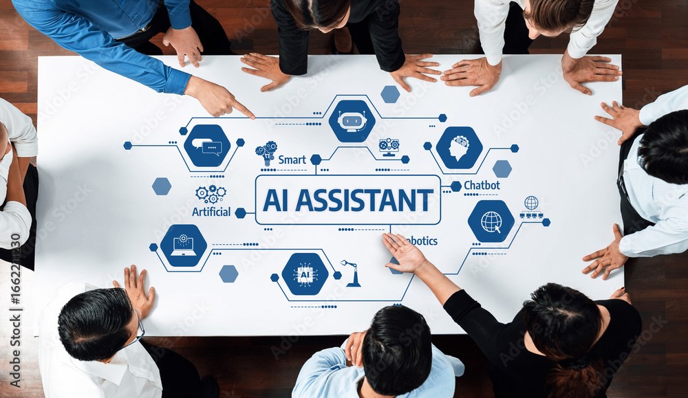 Poster a top view of a collaborative meeting showcasing an ai assistant concept. team members discuss innov